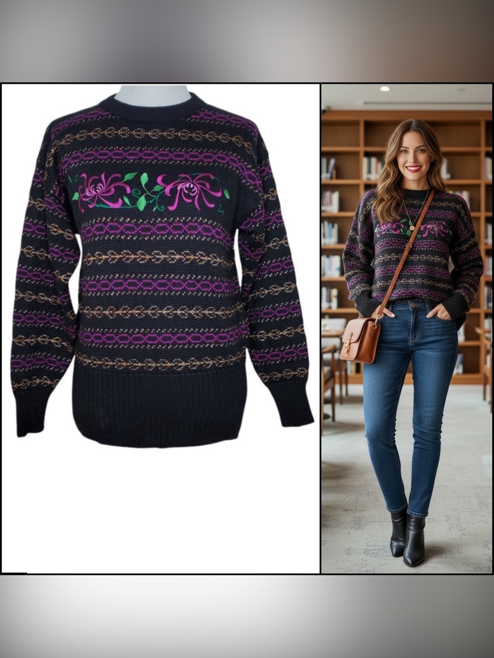 Vintage Meister Wool Blend Sweater Small Embroidered Floral Metallic Womens